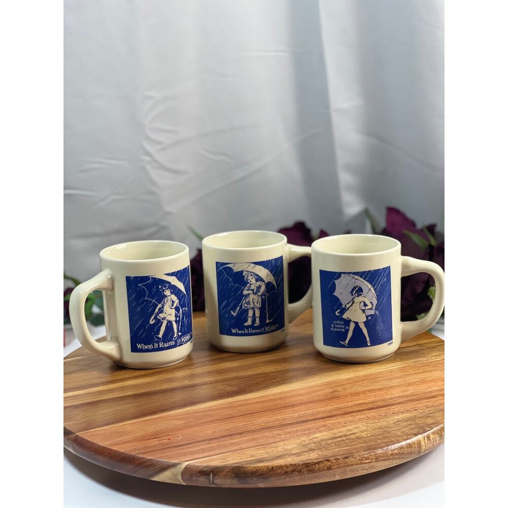 Set of 3 Vintage Morton Salt Girl Coffee Mugs - When it Rains it Pours